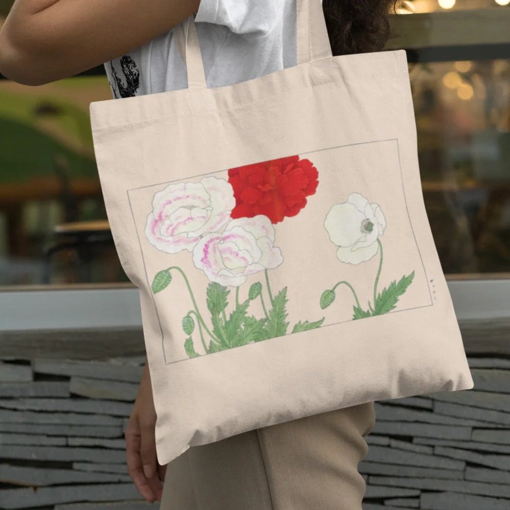 Japanese Vintage Poppy Flower Tote Bag - Picture 1 of 5
